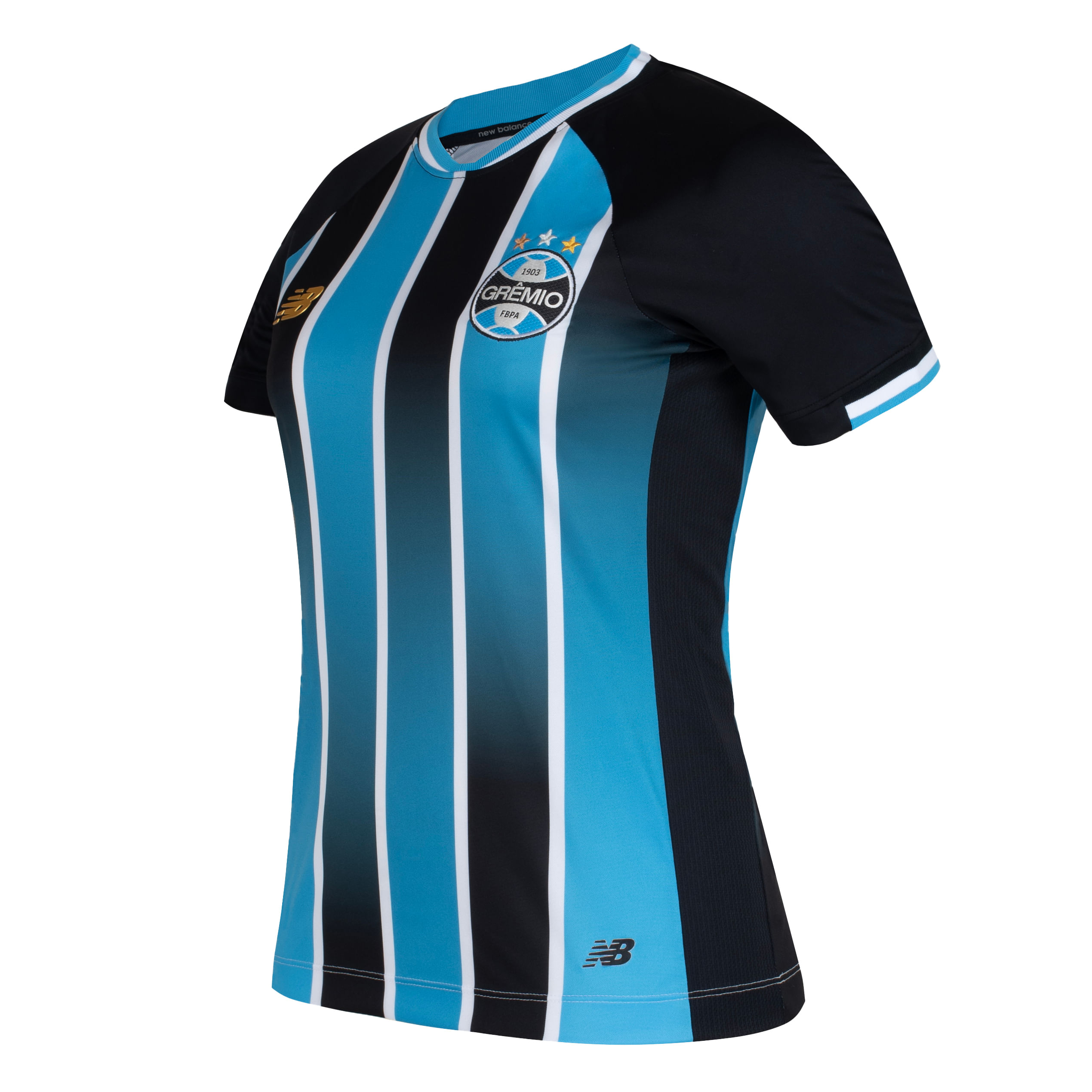 Detalhe lateral da camisa feminina Grêmio 2026 New Balance com listras e logo